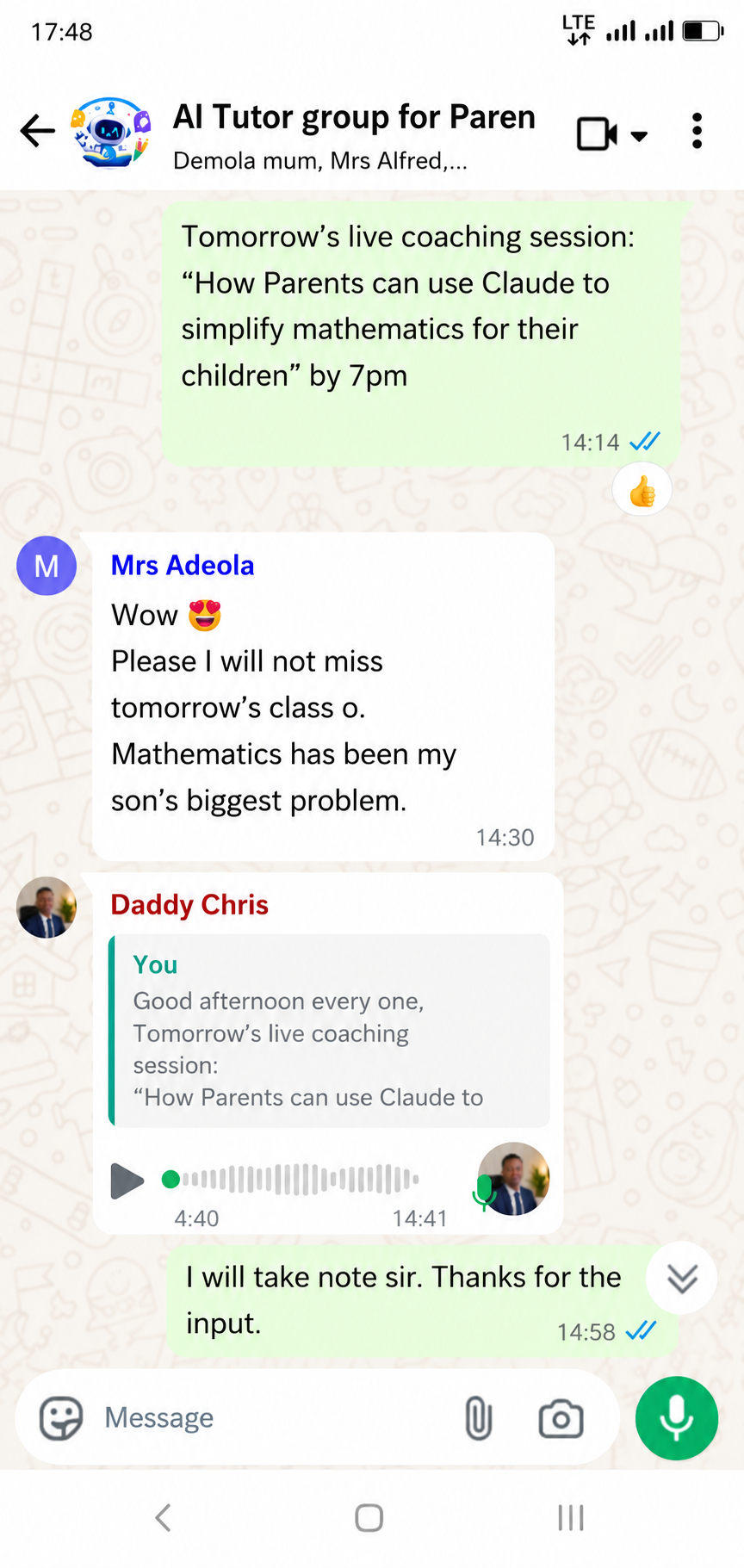 Parent testimonial WhatsApp message