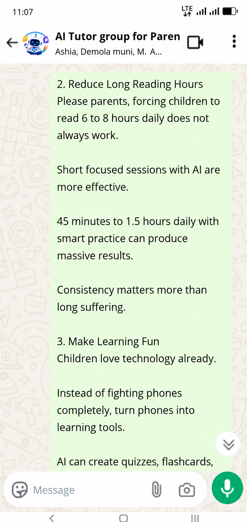 Parent testimonial WhatsApp message