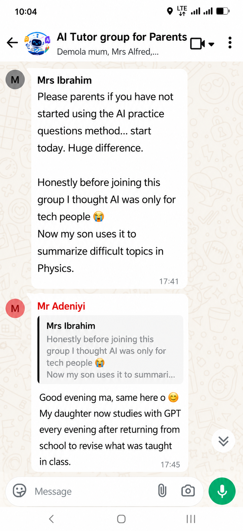 Parent testimonial WhatsApp message