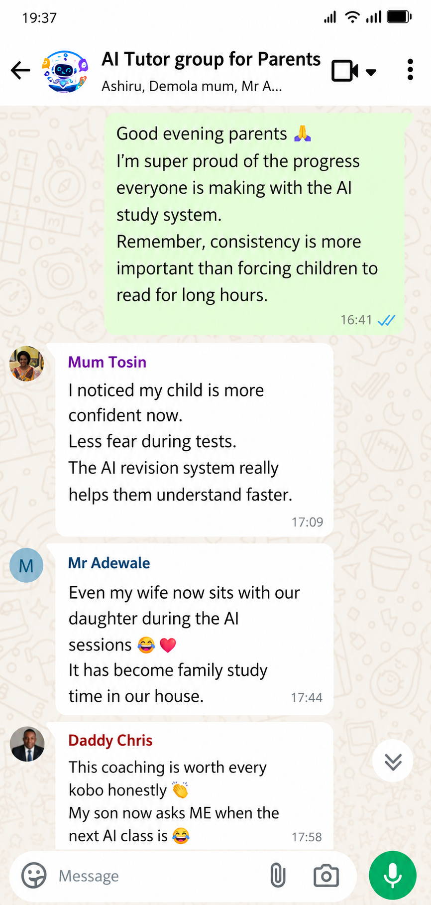 Parent testimonial WhatsApp message