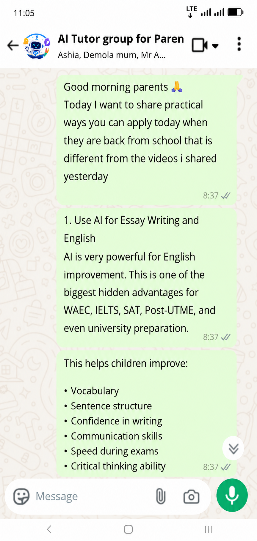 Parent testimonial WhatsApp message