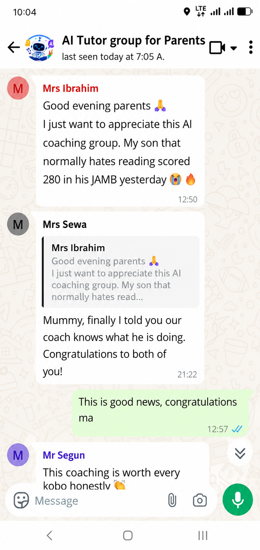Parent testimonial WhatsApp message