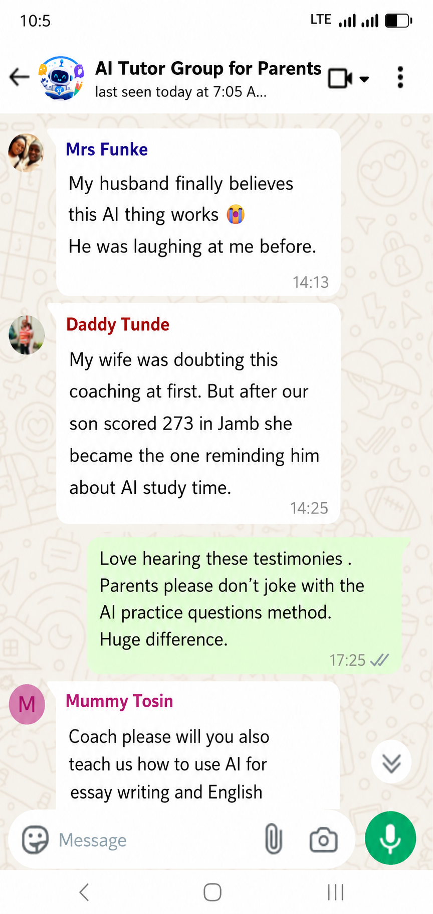 Parent testimonial WhatsApp message