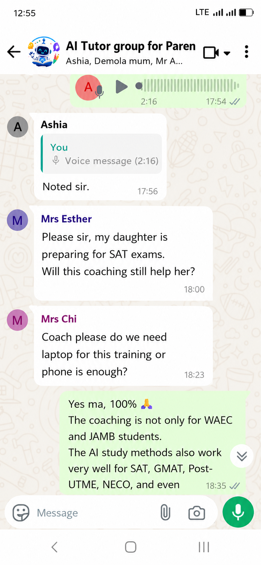 Parent testimonial WhatsApp message