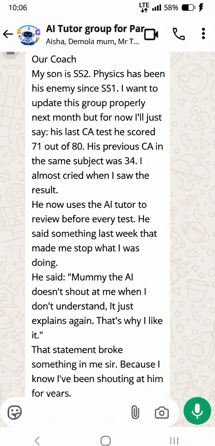 Parent testimonial WhatsApp message