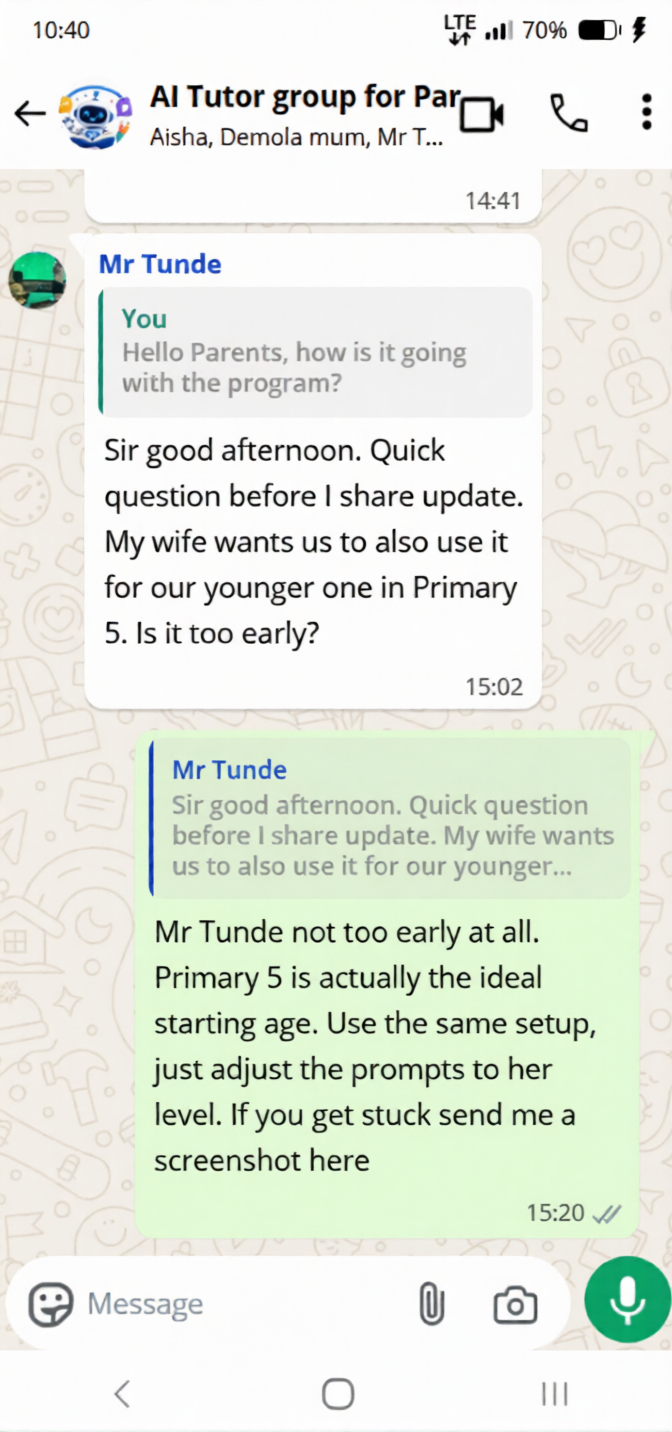 Parent testimonial WhatsApp message