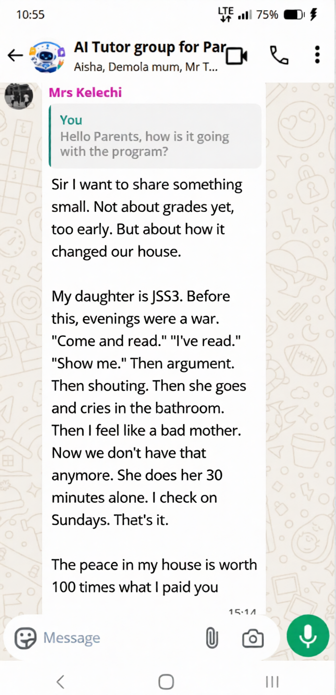 Parent testimonial WhatsApp message