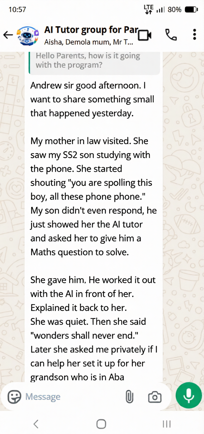 Parent testimonial WhatsApp message