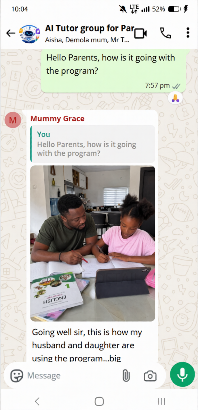 Parent testimonial WhatsApp message