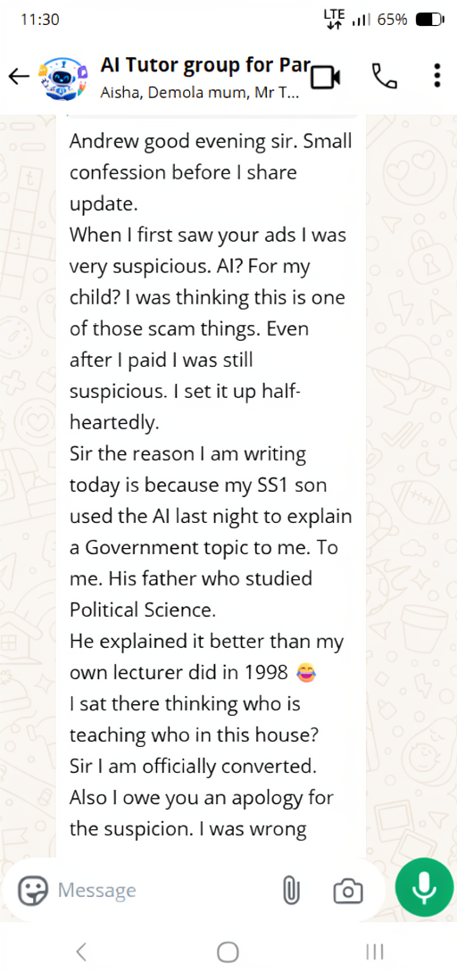 Parent testimonial WhatsApp message