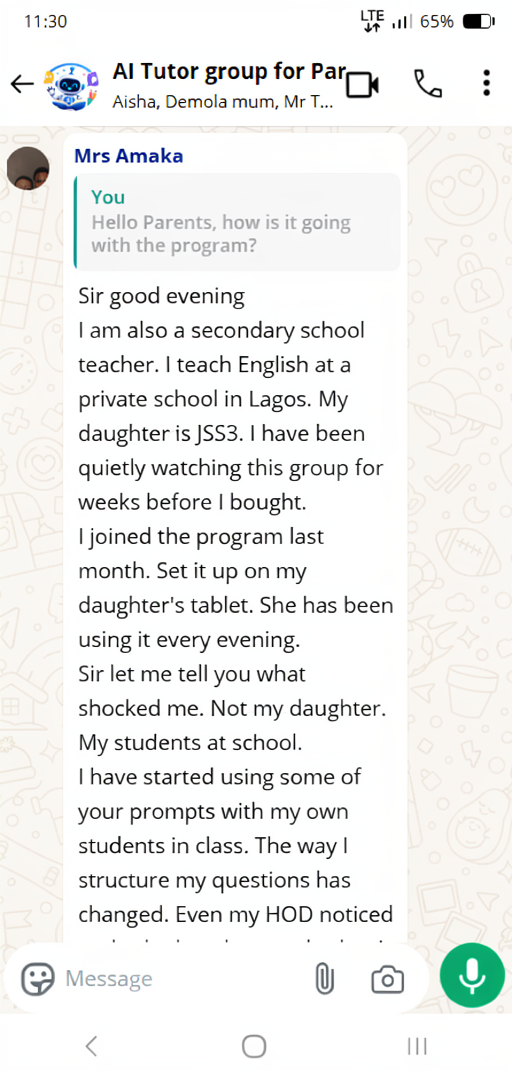 Parent testimonial WhatsApp message