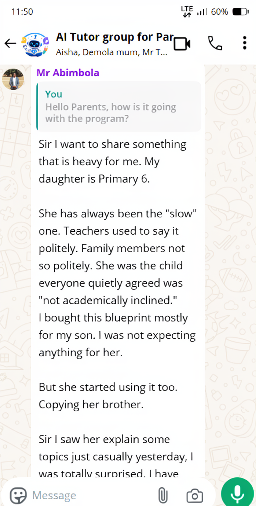 Parent testimonial WhatsApp message