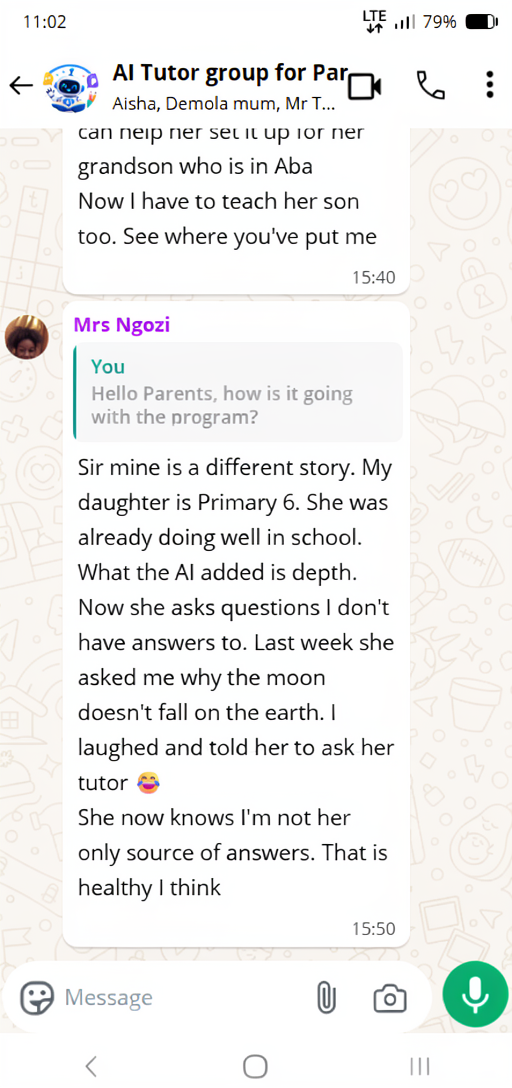 Parent testimonial WhatsApp message
