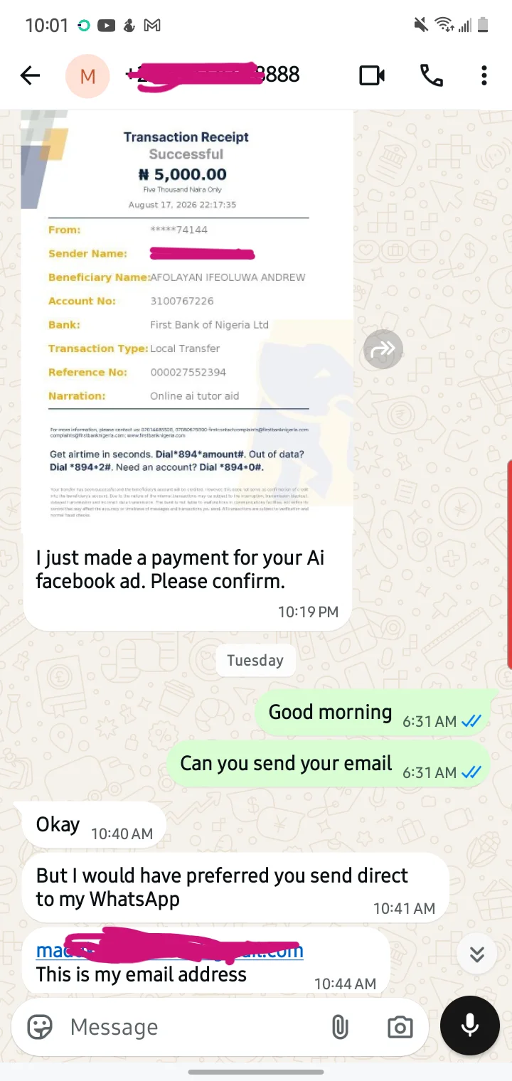 Parent testimonial WhatsApp message