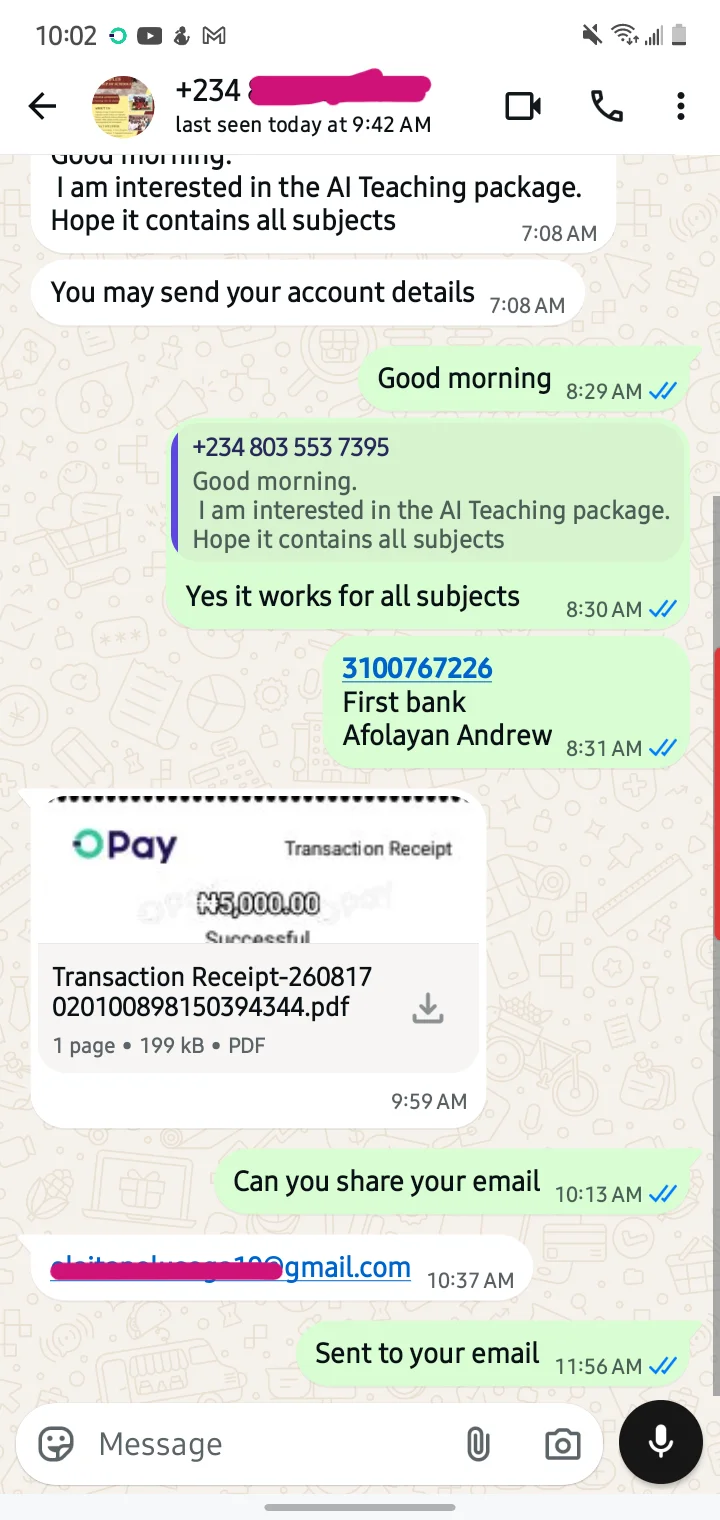 Parent testimonial WhatsApp message