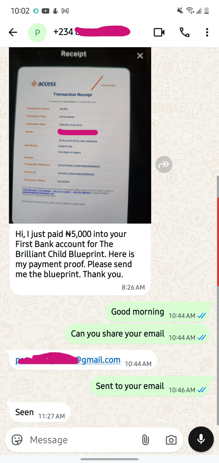 Parent testimonial WhatsApp message