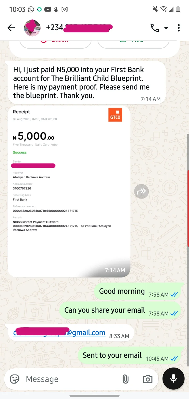 Parent testimonial WhatsApp message