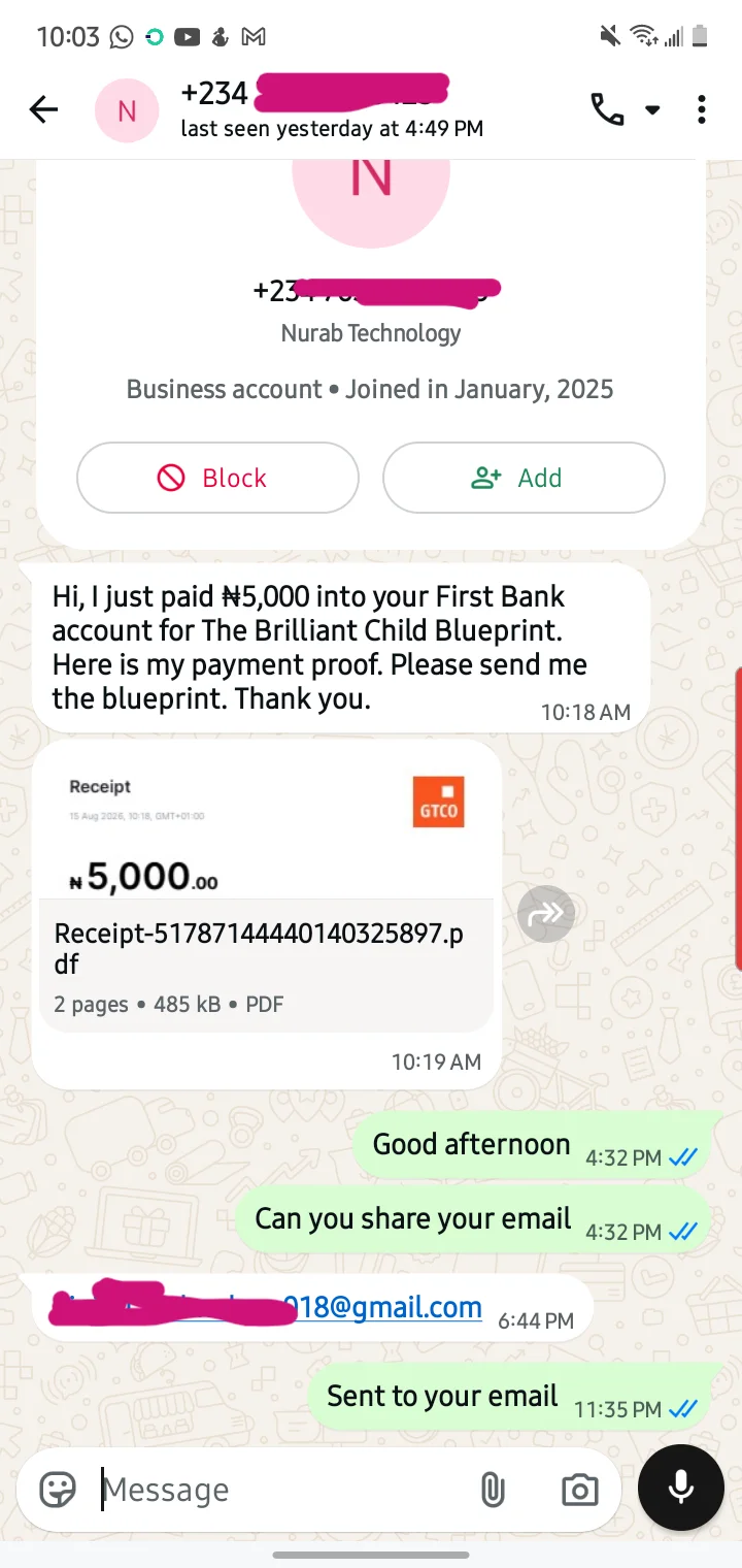Parent testimonial WhatsApp message