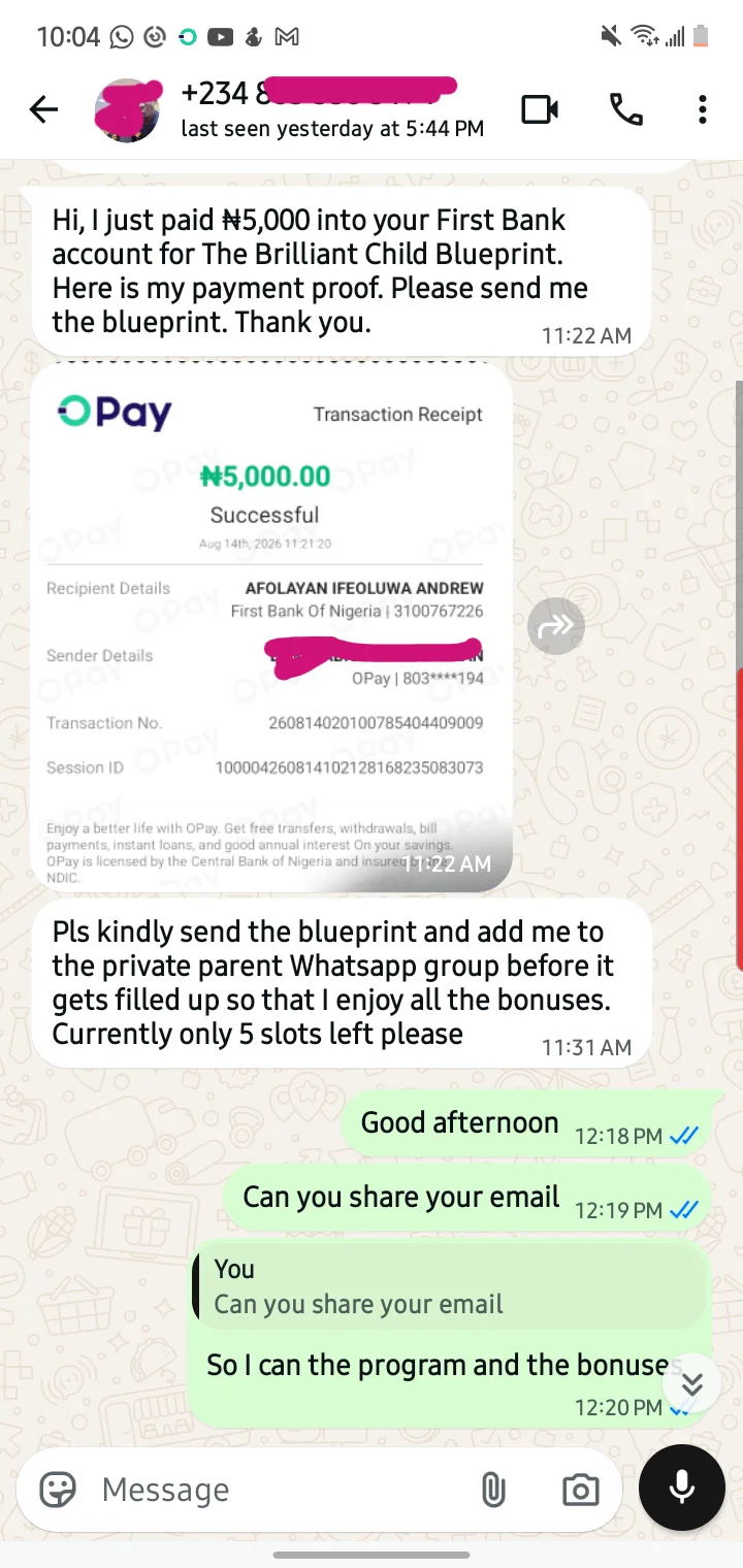 Parent testimonial WhatsApp message