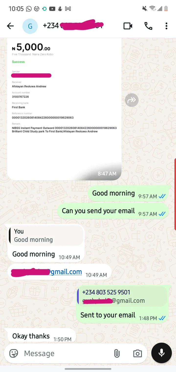 Parent testimonial WhatsApp message