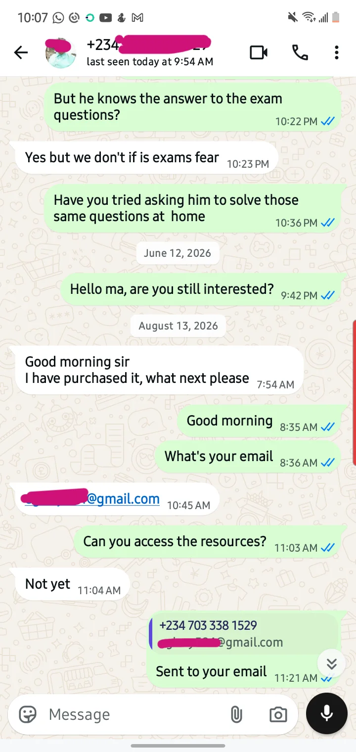 Parent testimonial WhatsApp message