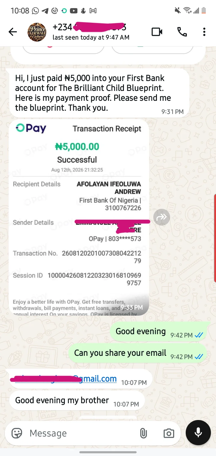 Parent testimonial WhatsApp message