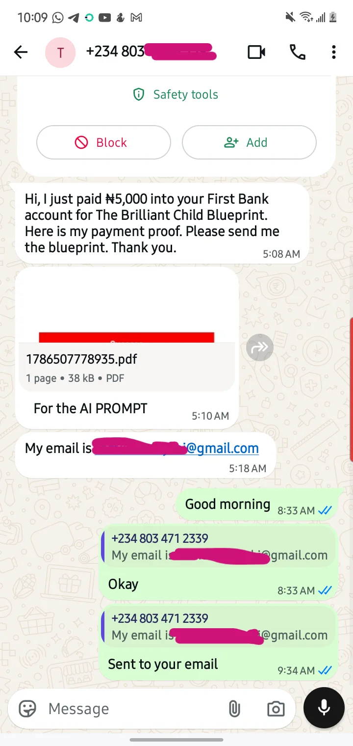 Parent testimonial WhatsApp message