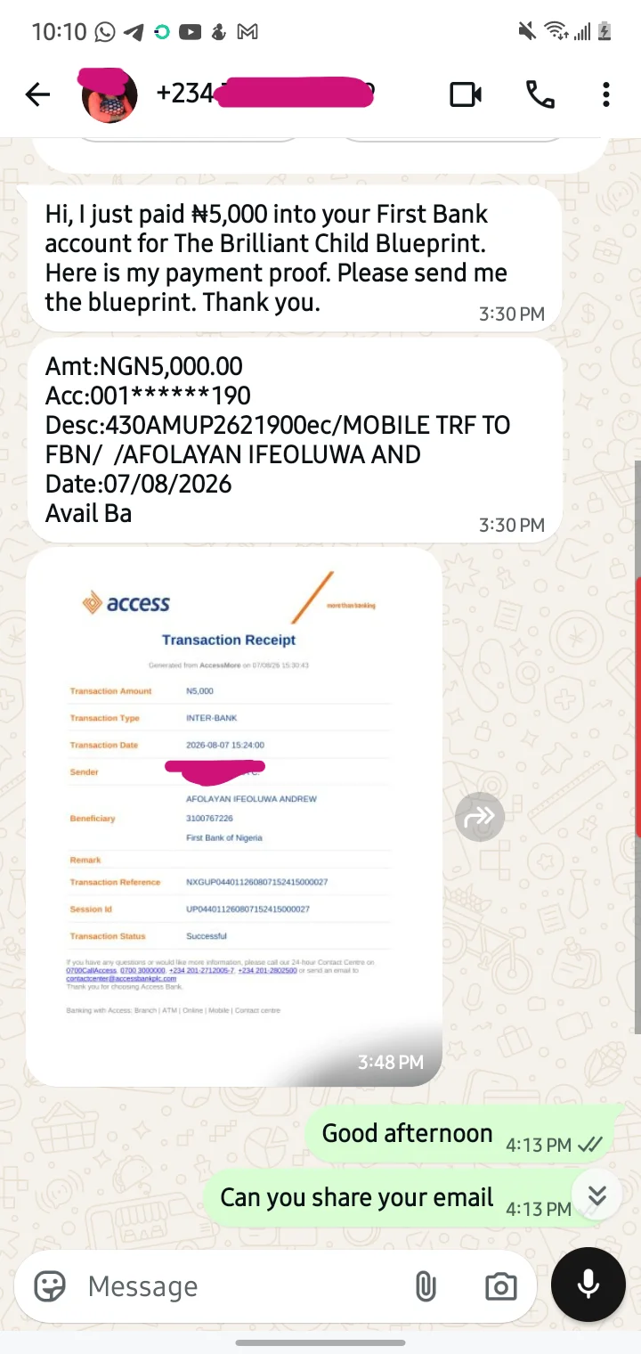 Parent testimonial WhatsApp message