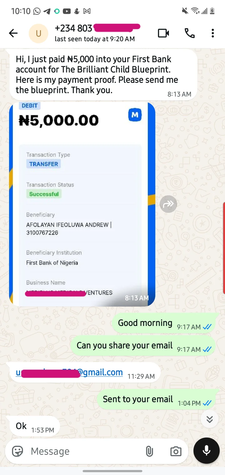 Parent testimonial WhatsApp message