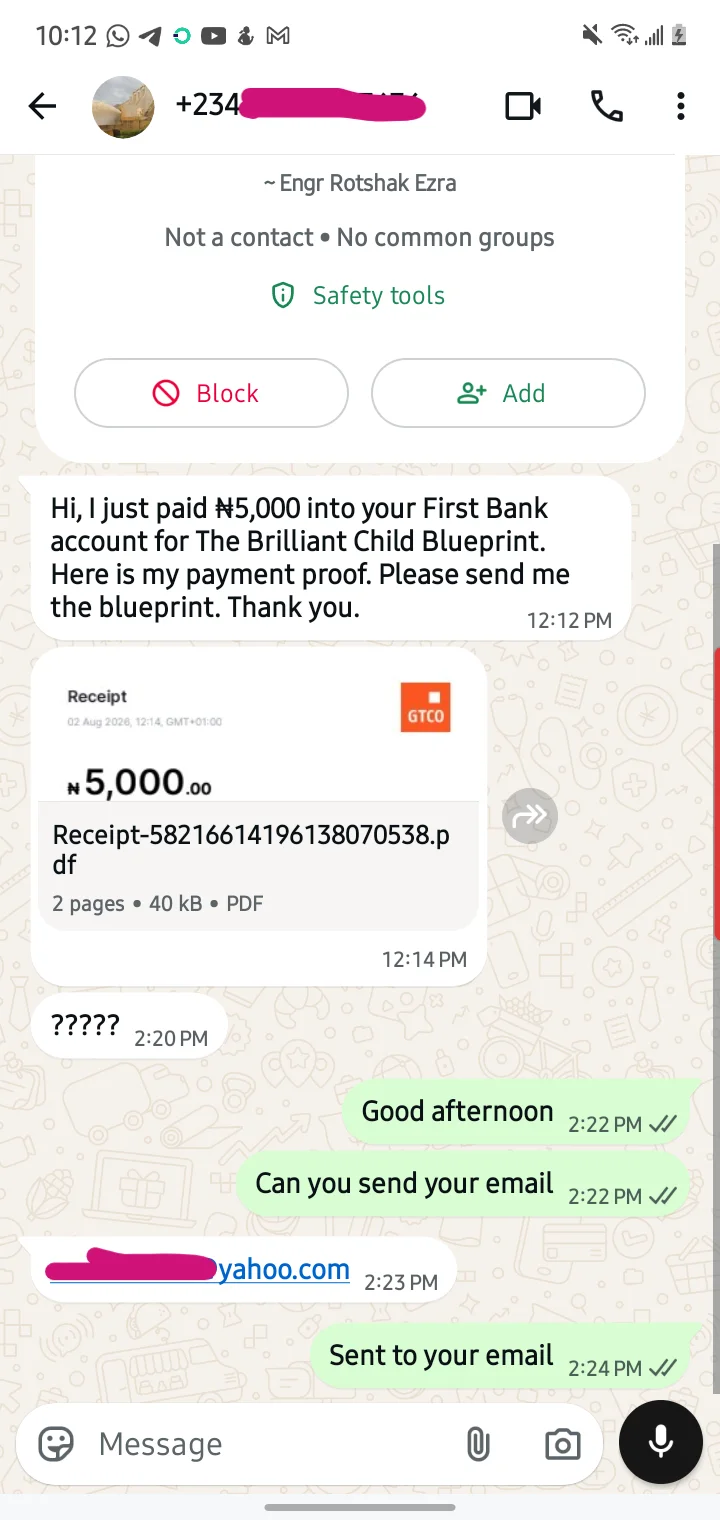 Parent testimonial WhatsApp message