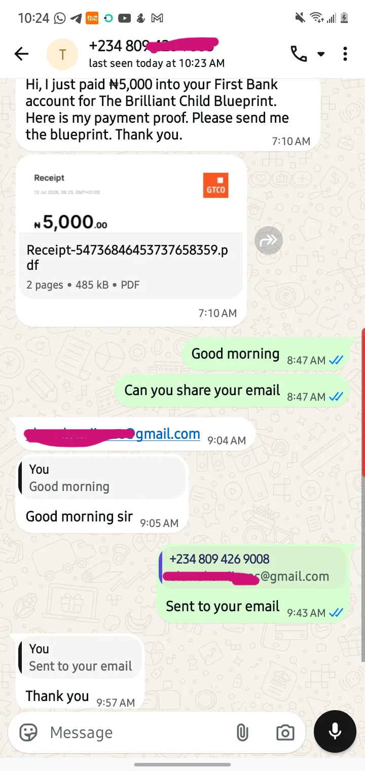 Parent testimonial WhatsApp message